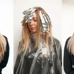 Przed i po zabiegu: włosy z pasemkami blond, od ciemniejszych po jaśniejsze.