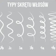 Ilustracja przedstawia typy skrętu włosów: od prostych (1), przez fale (2a, 2b, 2c), po loki (3a, 3b, 4a, 4b, 4c).