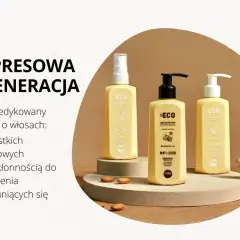 Linia kosmetyków BeEco z imbirem i migdałami, idealna do włosów szorstkich i matowych. Metoda omo dla ekspresowej regeneracji.