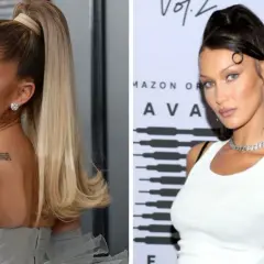 Dwie gwiazdy prezentują elegancki wysoki kucyk: Ariana Grande w blondzie i Bella Hadid w ciemnych włosach.
