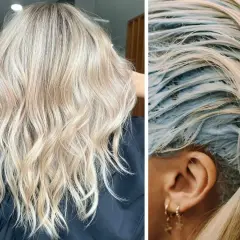 Efektowy, bezowy blond na falowanych włosach. Po lewej gotowa fryzura, po prawej widać proces koloryzacji z niebieską farbą.