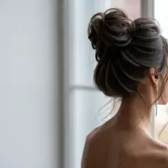 Elegancki messy bun jak zrobić? Luźno upięte włosy, delikatne pasma opadające na ramiona, długie kolczyki.