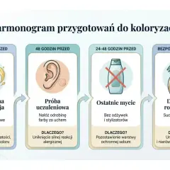Harmonogram przygotowań do koloryzacji: regeneracja włosów 2 tyg. przed, próba uczuleniowa 48h przed, ostatnie mycie bez odżywek 24-48h przed, rozczesanie tuż przed.