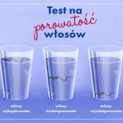 Test na porowatość włosów: włosy niskoporowate toną powoli, średnioporowate opadają, a wysokoporowate szybko opadają na dno.