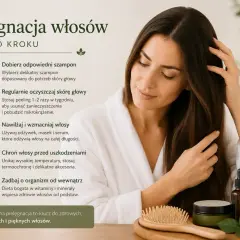 Kobieta dba o włosy, stosując się do wskazówek: dobór szamponu, oczyszczanie skóry głowy, nawilżanie, ochrona i dieta. Klucz do zdrowych włosów.