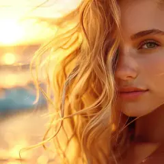 Piękna dziewczyna z rozwianymi włosami na plaży, gdzie słońce rozjaśnia jej blond kosmyki. W tle widać morze i zachód słońca.