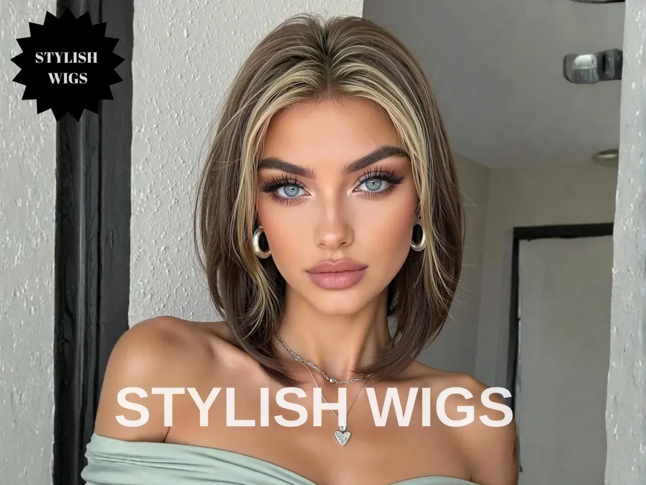Modelka z rozjaśnioną grzywką i niebieskimi oczami prezentuje peruki "Stylish Wigs".