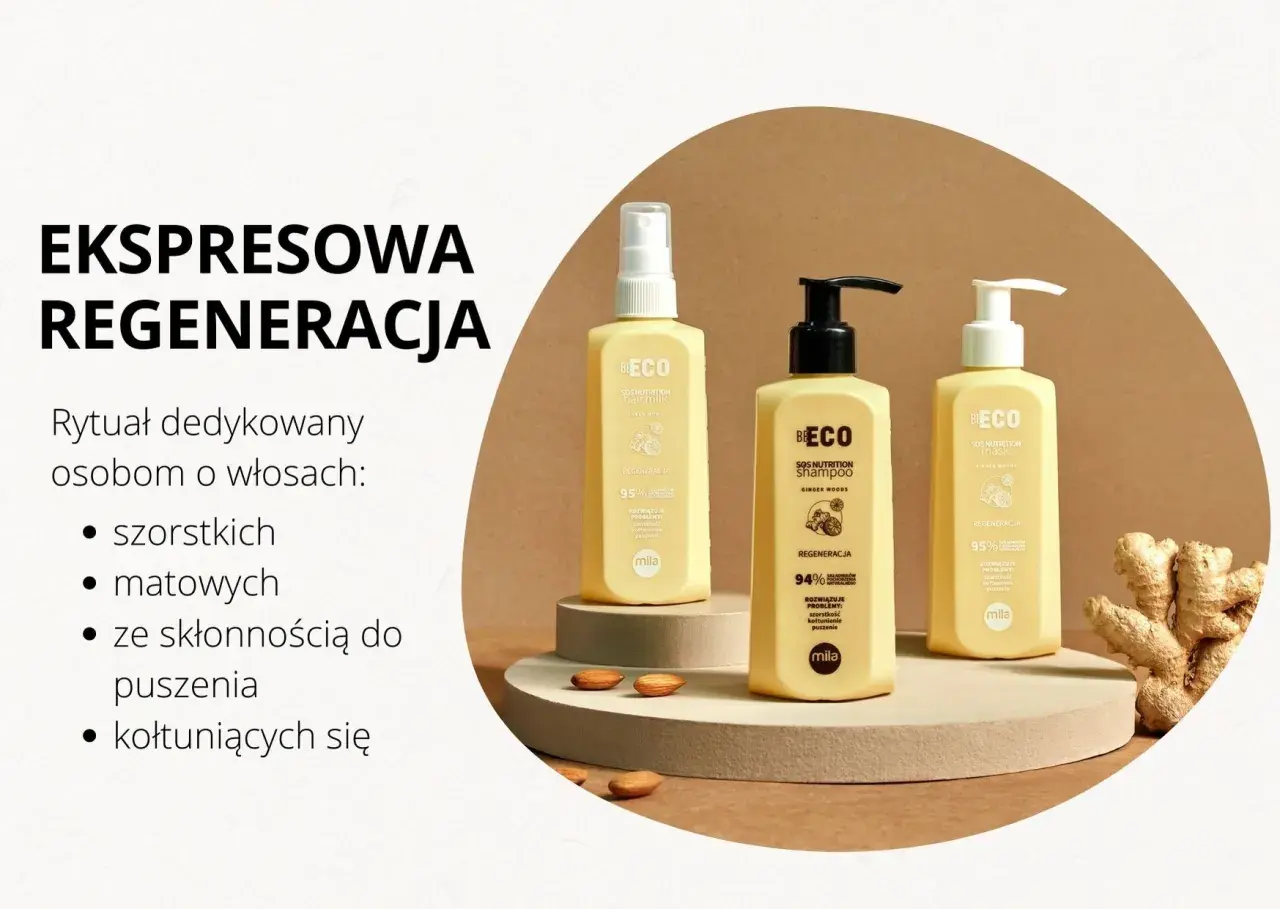 Linia kosmetyków BeEco z imbirem i migdałami, idealna do włosów szorstkich i matowych. Metoda omo dla ekspresowej regeneracji.