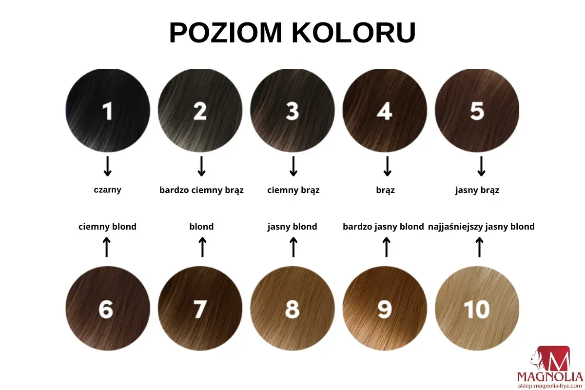 Paleta poziomów koloru włosów: od czarnego (1) przez różne odcienie brązu (2-5) do jasnych blondów (6-10).