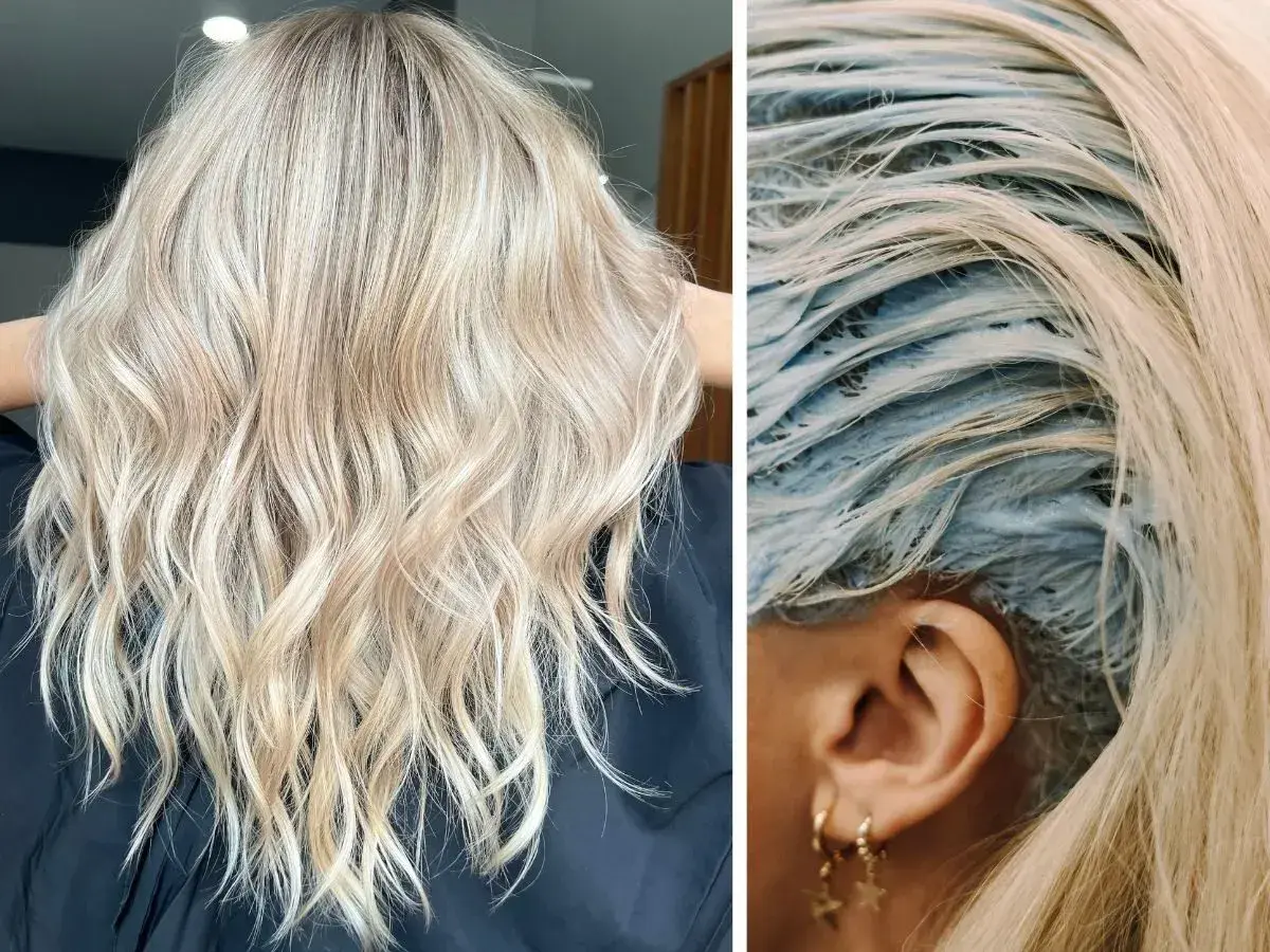 Efektowy, bezowy blond na falowanych włosach. Po lewej gotowa fryzura, po prawej widać proces koloryzacji z niebieską farbą.
