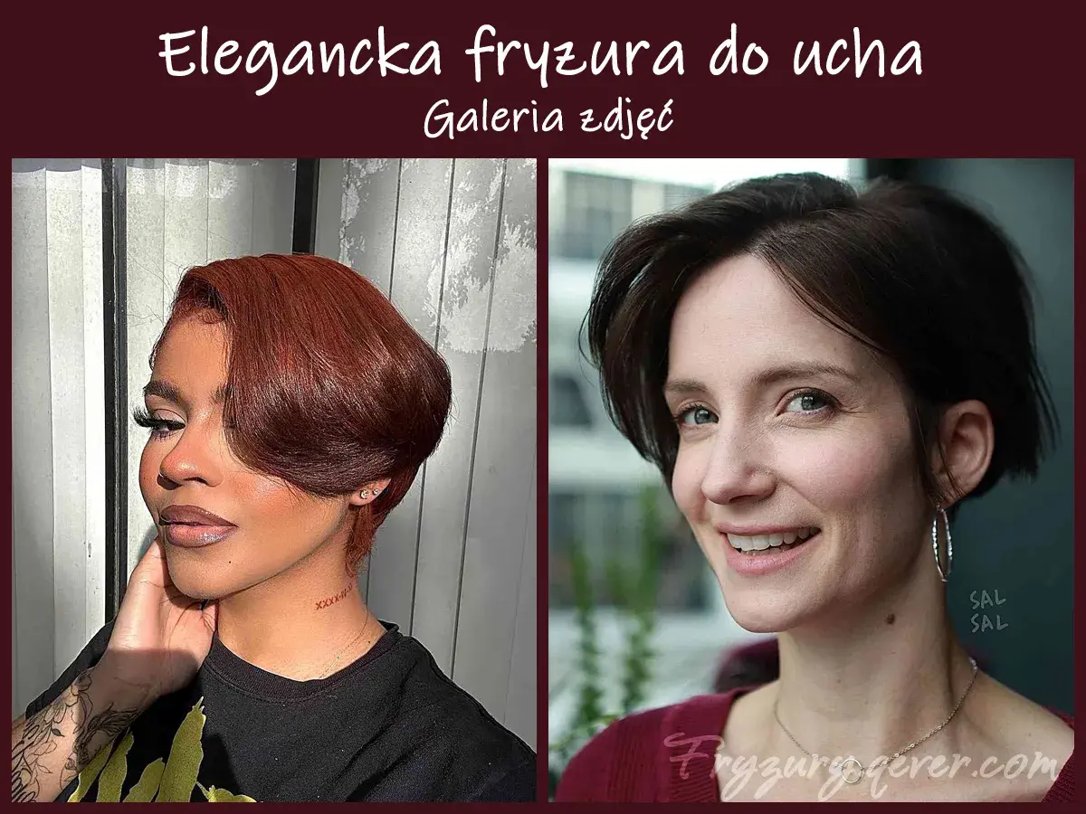 Eleganckie fryzury za ucho cieniowane: dwie kobiety prezentują stylowe cięcia, jedna z rudymi, druga z ciemnymi włosami.
