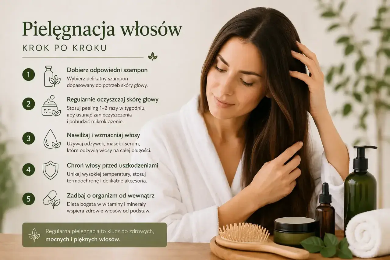 Kobieta dba o włosy, stosując się do wskazówek: dobór szamponu, oczyszczanie skóry głowy, nawilżanie, ochrona i dieta. Klucz do zdrowych włosów.
