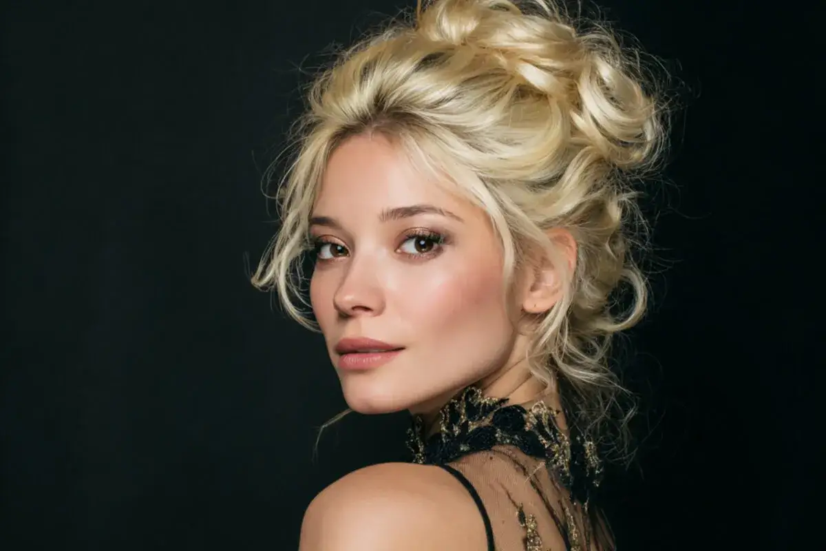 Eleganckie fryzury na sylwestra: blondynka z artystycznie upiętymi włosami, gotowa na bal.