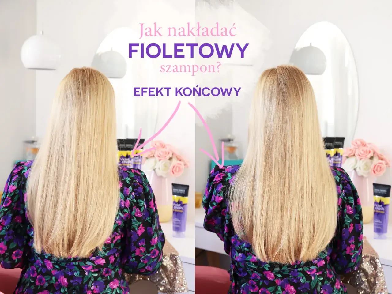 Fioletowy szampon na suche włosy: porównanie przed i po. Włosy po użyciu fioletowego szamponu są jaśniejsze i odżywione.