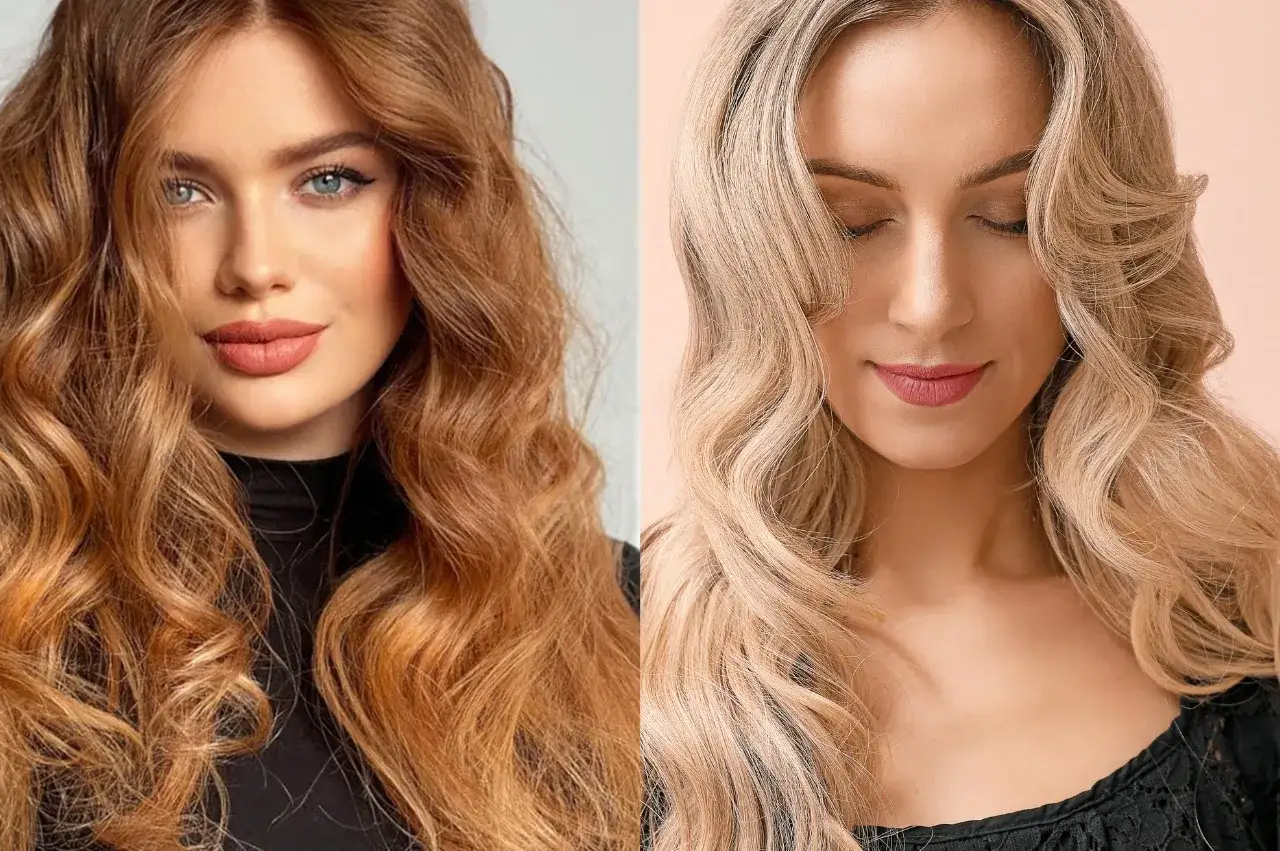 Miedziany blond dla odważnych i subtelnych. Dwie kobiety, dwie fryzury, jeden kolor włosów w różnych odsłonach.