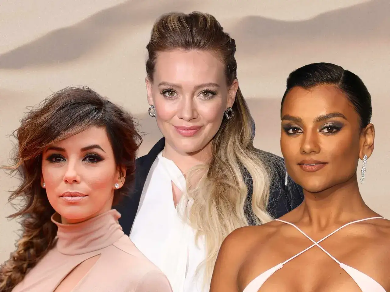 Trzy kobiety: Eva Longoria z warkoczem, Hilary Duff z oklapniętymi włosami i Simone Ashley z mocnym makijażem.