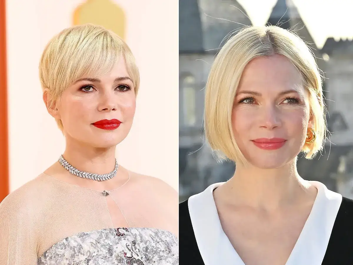 Dwie stylizacje Michelle Williams. Na lewo krótka fryzura i czerwone usta, na prawo bob. Jej okrągła twarz pięknie prezentuje się w obu odsłonach.