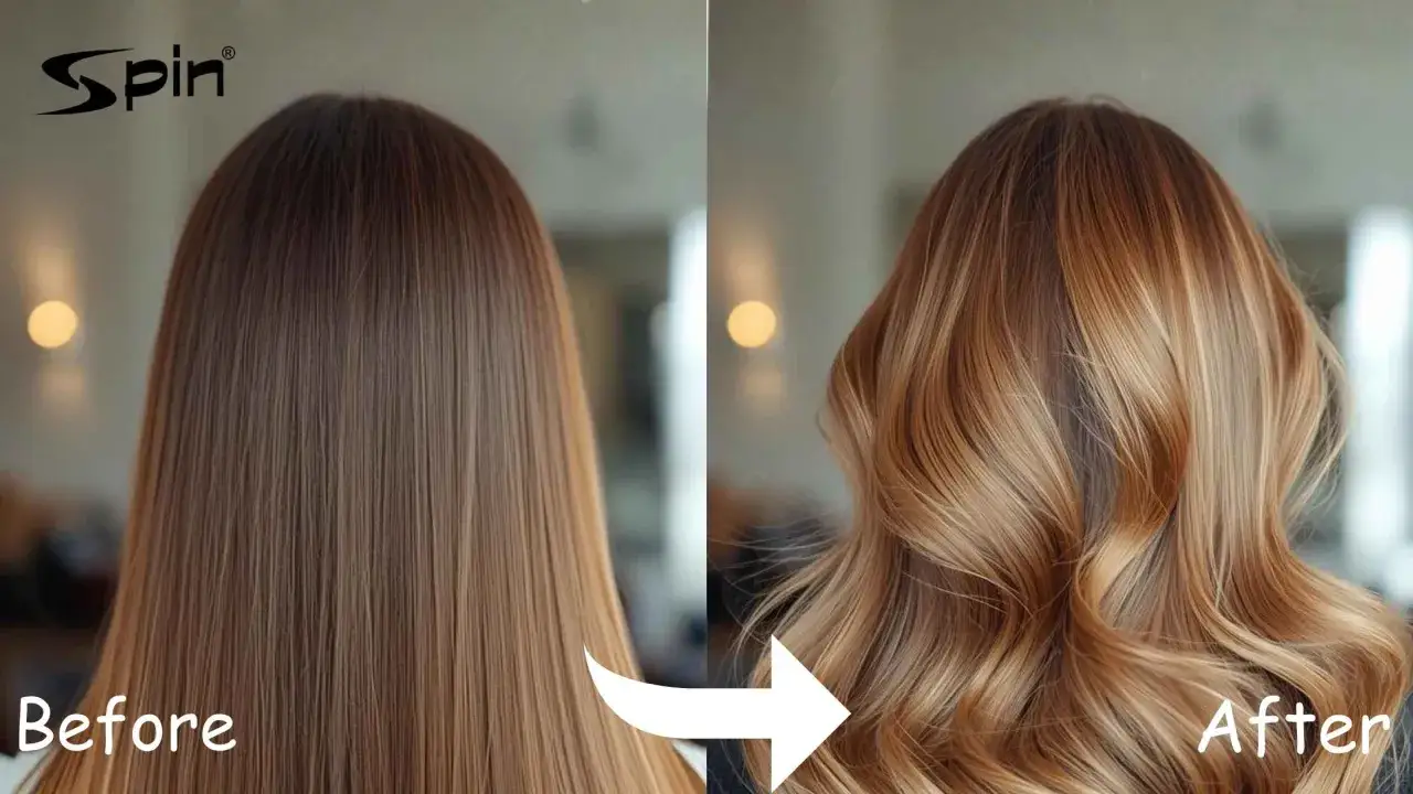 Styling włosów przed i po: proste, brązowe włosy zamieniają się w falowane, wielotonowe blond.