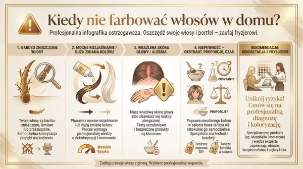 Infografika pokazuje, kiedy unikać samodzielnego farbowania włosów. Zniszczone włosy, mocne rozjaśnianie, wrażliwa skóra głowy i niepewność co do oksydantu to sygnały, by wybrać bezpieczne farby do włosów w salonie.